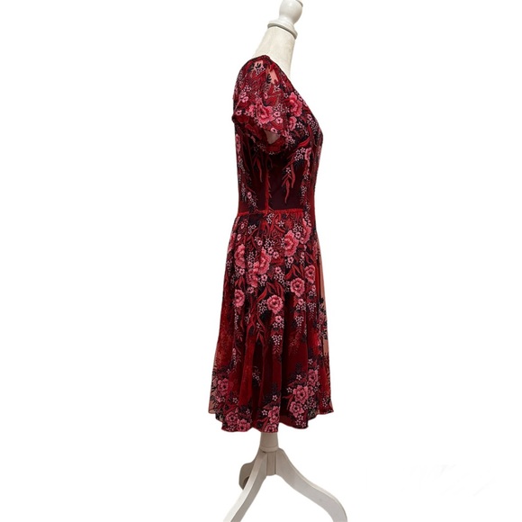 Eva Franco Short Sleeve Midi Pink and Red Flower Embroidered Dress - Picture 2 of 7